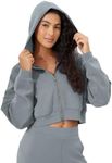 ODODOS Women's Modal Soft Full-Zip Cropped Hoodies with Pockets Long Sleeve Crop Casual Sweatshirts, Grey Blue, Large