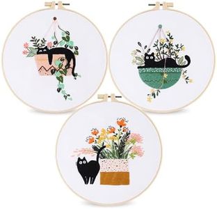 MKNZOME Embroidery Starter Kit for Beginners Adults, 3 Set Cat+Green Plants Cross Stitch Kits, Stamped Hand Embroidery Needlepoint Kit with 1 Bamboo Hoops, Fabric, Threads, Needles, Instructions