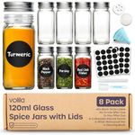 volila Spice Jars - 8 Pack 120ml Glass Spice Jars with Lids and Labels, Stickers, Pen, Cleaning Sponge and Funnel - Refillable Square Seasoning Jars for Spices, Herbs, Salt and Pepper