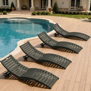 AreShark HDPE Pool Chaise Lounge Chairs with Cup Holder, Set of 4, Gray