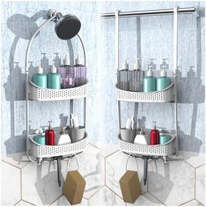 EMT ETRENDS Shower Caddy Hanging, Anti-Swing Over Head Shower Caddy,Plastic Bathroom Organizer, Multiple Hanging Modes Shelf with Suction Cups,White