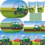 70PCS Tractor Party Supplies Tableware Set Car Party Tableware Decoration Set,Farm Tractor Plate,Cup,Napkin,Farm Tractor Table Cloth, For Birthday Party Theme Party Table Decoration-8 Persons(Green)