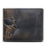 HoJ Co. Skull Bifold Wallet for Men | Extra Capacity Two ID Windows | Full Grain Leather Wallet with Hand Burnished Finish | Multi Card Capacity, Black, 4.5" x 3.5"