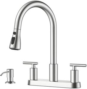 FORIOUS 2-Handle Kitchen Faucet with Soap Dispenser, Brushed Nickel, 3-Mode | No-Lead SUS304 Steel, 360° Swivel Pull-Down Sprayer, 4-Hole Deck Mount, 8-Inch Centerset ABS Plate, for RV Laundry Outdoor