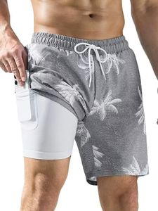 SILKWORLD Mens 2 in 1 Swim Trunks Quick Dry 7 Inch Beach Shorts with Compression Liner and Pockets, Grey Coconut Tree, XX-Large