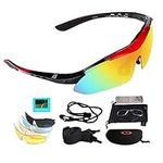 Polarized Sports Sunglasses, UV400 Protection Cycling Glasses with 5 Interchangeable Lenses for Men Women in Cycling, Fishing, Running, Driving, Golf, Baseball, Outdoor Activities (RED*BLACK)