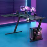 Furb L-Shaped Gaming Computer Desk with LED Lights, Black PC Corner Desk Carbon Fibre Texture Gaming Table Workstation with Cup Holder for Office Room, Bedroom, 140x60cm