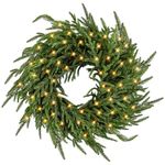 ENVEN 24" Prelit Norfolk Pine Wreath for Front Door,with 50LED Real Touch Norfolk Pine Wreath Artificial Green Wreath Greenery Realistic Wreath Holiday Decoration for Home Decor