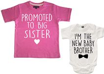 Edward Sinclair Pink T-Shirt 1-2Y 'Promoted to Big Sister' (White Glitter Print) & White Bodysuit 3-6M 'I'm The New Baby Brother' (Black Print)