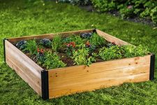 Vita Mezza 4 Foot x 4 Foot x 11 inch Cedar Wood Modular Garden Bed with Black Aluminum Posts, FSC, Woodgrain, Golden Brown, Pre-Stained, VT17703