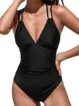 CUPSHE Women's One Piece Swimsuit V Neck Tummy Control Double Adjustable Straps Back Cutout O-Ring, Black, Medium