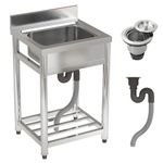 DKIEI Commercial Restaurant Sink, Stainless Steel Restaurant Kitchen Sink with Backsplash & Drain, Single Bowl Catering Sink with Storage Shelve for Restaurant Kitchen Hotel 55x50x80cm(No Tap)