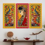 PAPER PLANE DESIGN Madhubani paintings for living room. Set of 3 canvas wrapped framed madhubani art for wall decor. 12 x 24 inch x 3 frames. (A)