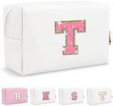 Biileen Personalized Initial Preppy Makeup Bag Small Cute Travel Chenille Letter Pouch, Glitter Rose Pink/White Letter, T