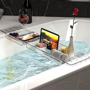 Baosia Expandable Bathtub Tray,Clear Plastic Anti-Slip Bath Tub Shelf Caddy Tray,Luxury Bathtub & Bathroom Accessories for Relaxing Spa,Suitable for bathtubs with an Internal Width of up to 28.7 inch