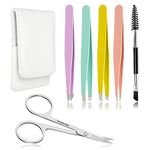 Precision Eyebrow Tweezers Set Pack of 6 for Women Ingrown Facial Hair Removal Pointed Tweezers Scissors Brush Kit for Splinter with Leather Case Gift Sliver