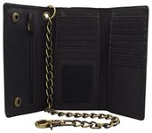 Swiss Marshall Men's RFID Signal Blocking Biker's Vintage Black Leather Long Tri-fold Chain Checkbook Card ID Wallet, Black, L, Vintage