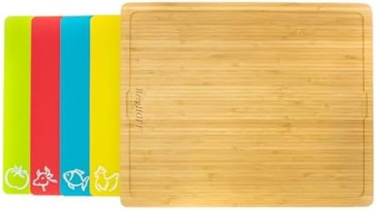 BergHOFF Essentials Natural Bamboo 5Pc Cutting Board With Multi-colored Plastic Inserts 16.25"x13" Rectangular Multi-colors Ergonomically Designed Handle