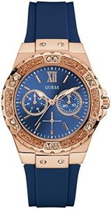 GUESS Women's Stainless Steel + Stain Resistant Silicone Watch with Day + Date Functions (Model: U1053L), Blue/Rose Gold Tone/Blue, NS, LIMELIGHT