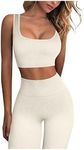 DOGZI Women Yoga Sets Seamless Ribbed 2 Piece Sports Cropped Vest Top High Waist Legging Gym Workout Outfits Exercise Tracksuit Cycling Sportswear Mother's Day Gift,White,S