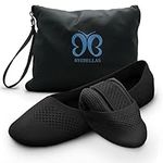 BYEBELLAS Foldable Stretch Knit Travel Slip-On Round Toe Ballet Flats with Packable Zipper Pouch and Expandable Tote Bag Carrying Case Split Sole Shoes, Black, 9