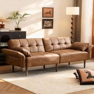 HALLYBEE 85” Futon Sofa Bed, Sleeper Sofa, Small Couch with Storage Adjustable Armrests Pillows, Faux Leather Loveseat, Mid Century Modern Couches for Living Room, Bedroom, Apartment, Brown