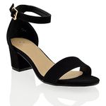 Womens Low Mid Heel Block Peep Toe Ladies Ankle Strap Party Strappy Sandals UK Size 3-8 (5 UK, Black-Suede)