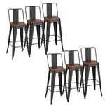 Warmiehomy Bar Stools Set of 6 Tall Industrial Vintage Bar Chairs Metal Frame and Solid Wood Seat with Backrest for Kitchen Dining Room Pub Cafe Bistro