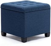 HNNHOME Pouffe Footstool Ottoman Storage Box, 45cm Cube Strong Wooden Frame Linen Living Room Foot stool, Toy Chest, Dressing Stool Seat Chair with Lids for Bedroom (Navy)