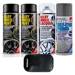 4TRESS E-Tech 2 x 400ml Motorsport Black Chip Resistant Alloy Wheel Spray Paint, 1 x Clear Lacquer Car Alloy Wheel Paint, 1 x 400ml Self Etch Grey Primer Non Slip Car Dash Mat