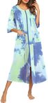 Ekouaer Women's Zipper Robe 3/4 Sleeve Housecoats Full Length House Dress Loungewear Long Nightgown with Pockets Green Tie Dye,Large