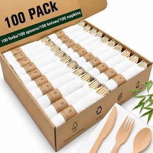 Bamboo Compostable Cutlery Set 100 Pack - Biodegradable Utensils with Forks, Knives, Spoons & Napkins - Eco Friendly Disposable for Wedding, Party & Camping