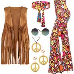 Spooktacular Creations Women Hippie Pants Set, Hippie Costume Women with Hippie Vest, Hippie Pants, Hippie Glasses and Hippie Accessories for Halloween 70s Costume Woman Cosplay XL