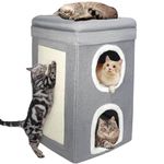 2 Layer Cat House, Cat Beds for Indoor Cats, Foldable Large Cat Bed with Scratch Pad and Cave, Covered Cat House Indoor, Semi-Enclosed Cat Bed Igloo for Multi-Pet Kitten and Little Dogs, Grey