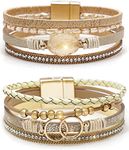 Suyi Multilayer Leather Bracelet Set 2 Pieces Beads Wrap Bracelet Wrist Cuff Bangles with Magnetic Buckle for Women Circle Gold Set 8