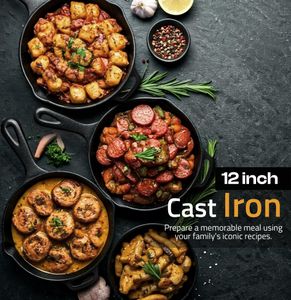 KICHLY 12" Cast Iron Skillet Frying Pan – Pre-Seasoned, Dual Handles, Induction Compatible