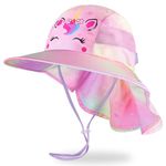 MHJY Kids Sun Hat Girls UV Protection Summer Hats Adjustable Beach Cap Unicorn Bucket Hats with Wide Brim Neck Flap for Toddlers 2-9 Years Pink