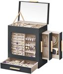 SONGMICS Jewelry Box with Glass Window, 5-Layer Jewelry Organizer with 3 Side Drawers, Jewelry Storage, with Big Mirror, Christmas Gift, 5.1 x 7.9 x 9.7 Inches, Slate Gray and Metallic Gold