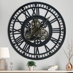 TOKTEKK 24 inch Large Decorative Wall Clock with Real Moving Gears, Battery Operated Retro Roman Numeral Clock, Easy to Read for Living Room/Farmhouse/School Decor(Vintage Black)