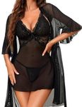 RSLOVE Lingerie Sexy Woman Lace Babydoll with Kimono Robe Strap Chemise Mesh Nightgown Black XL