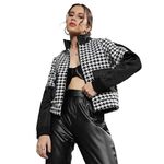 Campus Sutra Women's Black & White Contrast Houndstooth Jacket For Casual Wear | High Neck | Long Sleeve | Zipper Closure | Cotton Poly Jacket Crafted With Comfort Fit For Everyday Wear