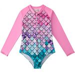 PythJooh Little Girls One-Piece Swimming Costumes Kids Long Sleeve Zipper Swimwear Bathing Suit Rash Guard Set for 4-12Years Teen Girls Pink