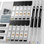 FourCandies 3PCS 2MM Mechanical Pencils with case, Artist Lead Pencil Metal Lead Holder with 120 Graphite Lead Refills(HB 2H 2B 4B Color), 4 Erasers, Sharpener, Drafting Pencil for Drawing, Sketching