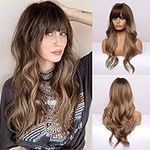 EMMOR Long Wavy Wigs with Bangs Ombre Dark Blonde Wigs for Women, Heat Resistant Synthetic Wigs with Brown Root for Daily/Party/Cosplay (24 Inch,Ombre Dark Ashy Blonde)