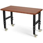 TANGZON 10-Level Height Adjustable Workbench, Heavy Duty Metal Frame Wide Bamboo Top Rolling Garage Work Bench with 4 Lockable Universal Wheels, Indoor Outdoor Large Workstation (Brown + Black)