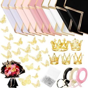 218 Pcs Flower Bouquet Wrapping Paper Kits, 50 Sheets 5 Colors Valentines Waterproof Floral Wrapping Paper 60 Gold Butterfly 100 Flower Pins 3 Rolls Ribbon 5 Gold Crowns for Gift Wrapping