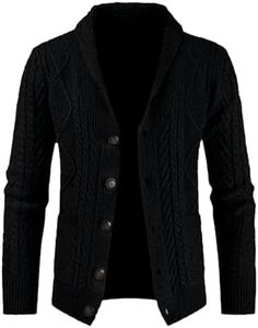 JMIERR Men's Cardigan Sweaters Fall Casual Long Sleeve Shawl Collar Button-Down Cable Knit Sweater with Pockets for Men,US 46(XL),Black