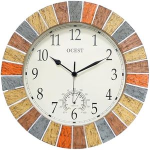 OCEST 13 Inch Large Outdoor Indoor Clock, Waterproof Wall Clock with Thermometer, Weather-Resistant Non-Ticking Battery Operated Decor Clock for Patio, Pool, Lanai, Fence, Porch, Garden (Yellow)