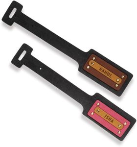 The Junket Personalized Luggage Tags for Men and Women (Pack of 2) | Leather Travel Tags with Customized Name | Handcrafted Customized Gifts for Couple with Adjustable Belt (Black with Tan)
