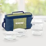 Borosil Ace Borosilicate Glass Lunch Boxes Set of 4 (320 ml Each) with Lunch Bag, Lunchboxes for Office & College, Microwave Safe, Leak Proof (Green)